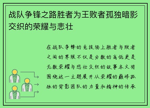 战队争锋之路胜者为王败者孤独暗影交织的荣耀与悲壮