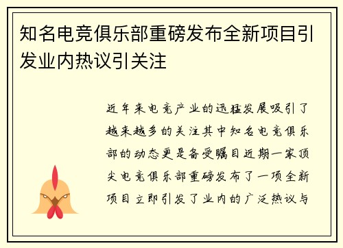 知名电竞俱乐部重磅发布全新项目引发业内热议引关注