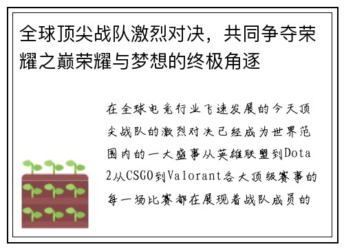全球顶尖战队激烈对决，共同争夺荣耀之巅荣耀与梦想的终极角逐