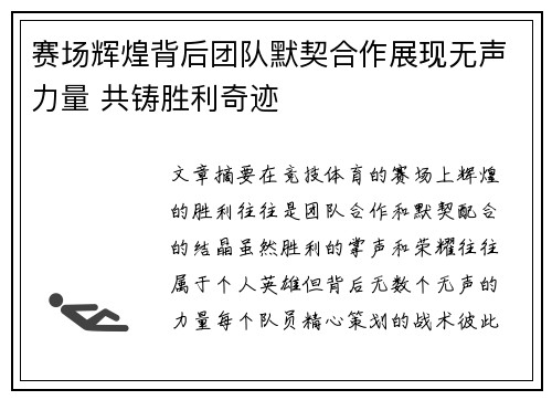 赛场辉煌背后团队默契合作展现无声力量 共铸胜利奇迹
