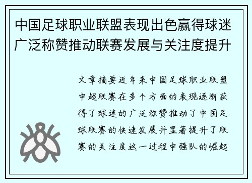 中国足球职业联盟表现出色赢得球迷广泛称赞推动联赛发展与关注度提升