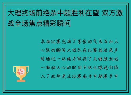 大理终场前绝杀中超胜利在望 双方激战全场焦点精彩瞬间