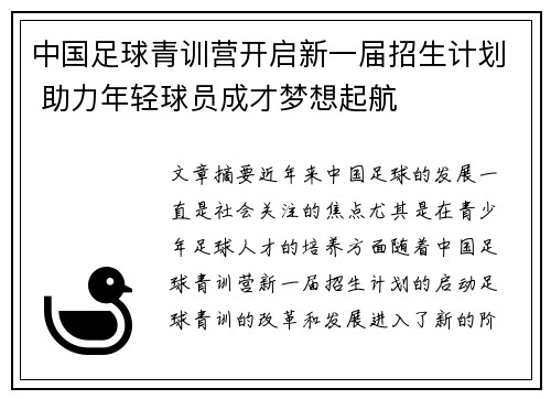 中国足球青训营开启新一届招生计划 助力年轻球员成才梦想起航
