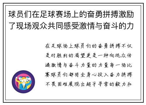 球员们在足球赛场上的奋勇拼搏激励了现场观众共同感受激情与奋斗的力量