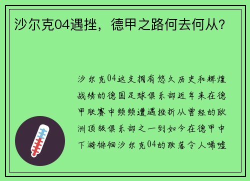 沙尔克04遇挫，德甲之路何去何从？