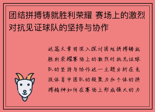 团结拼搏铸就胜利荣耀 赛场上的激烈对抗见证球队的坚持与协作
