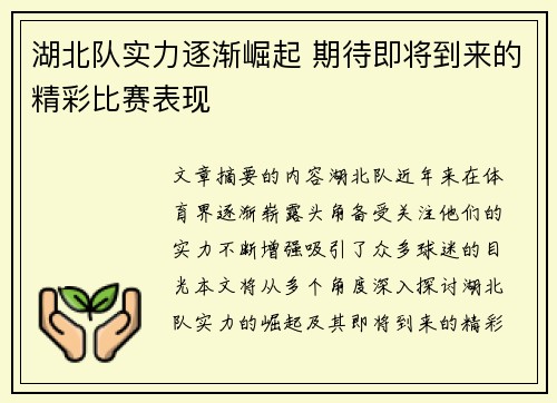湖北队实力逐渐崛起 期待即将到来的精彩比赛表现