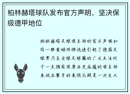 柏林赫塔球队发布官方声明，坚决保级德甲地位