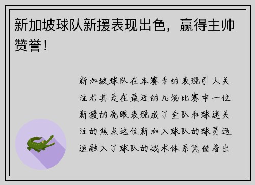 新加坡球队新援表现出色，赢得主帅赞誉！