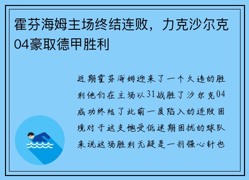 霍芬海姆主场终结连败，力克沙尔克04豪取德甲胜利