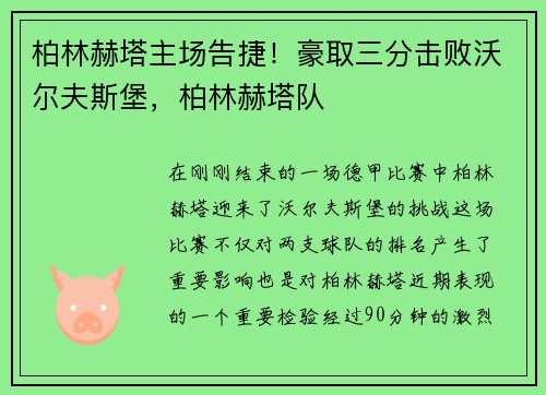 柏林赫塔主场告捷！豪取三分击败沃尔夫斯堡，柏林赫塔队