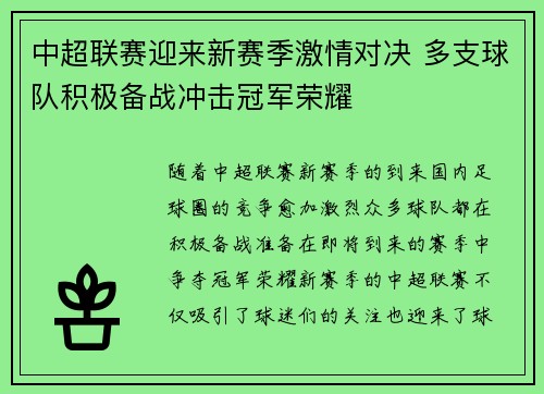 中超联赛迎来新赛季激情对决 多支球队积极备战冲击冠军荣耀
