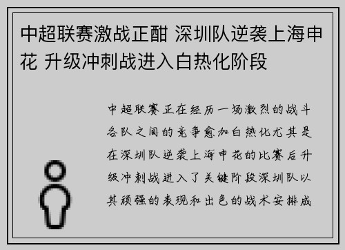 中超联赛激战正酣 深圳队逆袭上海申花 升级冲刺战进入白热化阶段