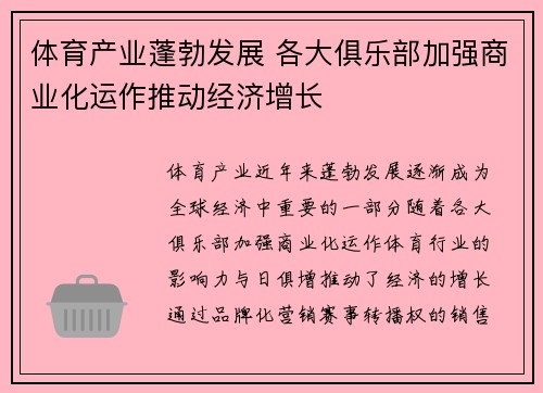 体育产业蓬勃发展 各大俱乐部加强商业化运作推动经济增长