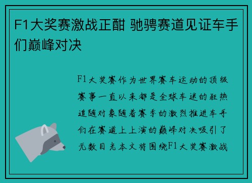 F1大奖赛激战正酣 驰骋赛道见证车手们巅峰对决