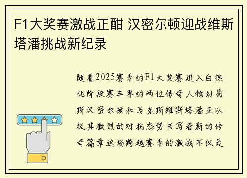 F1大奖赛激战正酣 汉密尔顿迎战维斯塔潘挑战新纪录