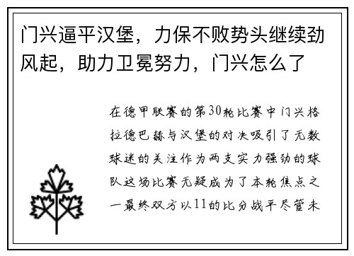 门兴逼平汉堡，力保不败势头继续劲风起，助力卫冕努力，门兴怎么了