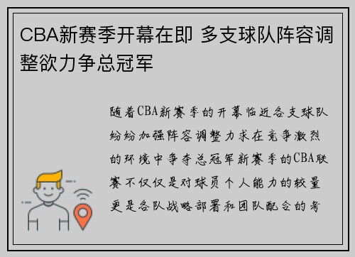 CBA新赛季开幕在即 多支球队阵容调整欲力争总冠军